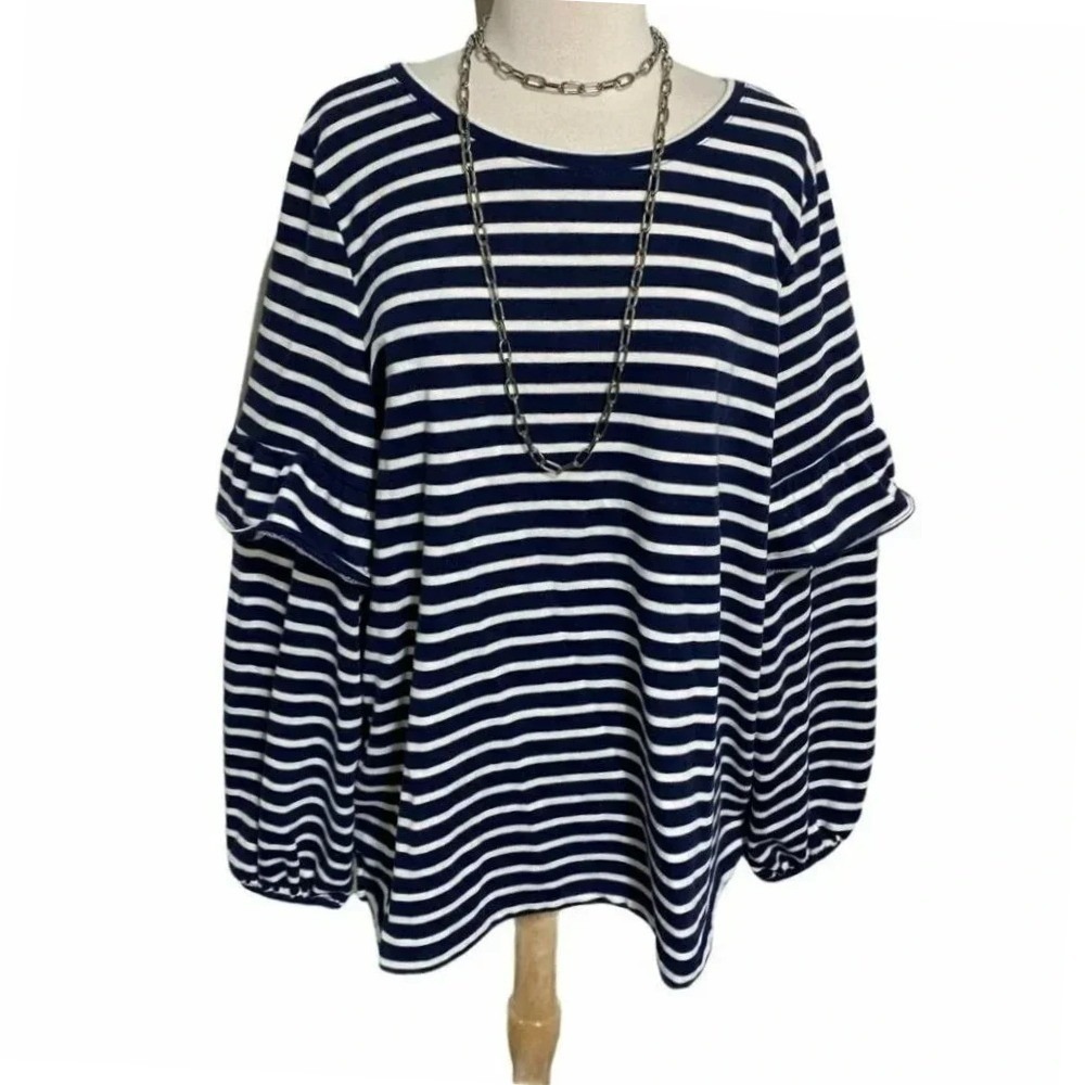 Old Navy Striped Ruffle‎ Sleeve Sweatshirt XXL Navy Blue White Nautical Top